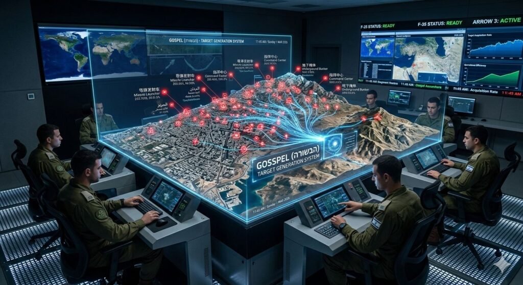 صورة مولدة بالذكاء الاصطناعي تعبر عن نظام Gospel الاسرائيلي لتحديد الاهداف العسكرية.