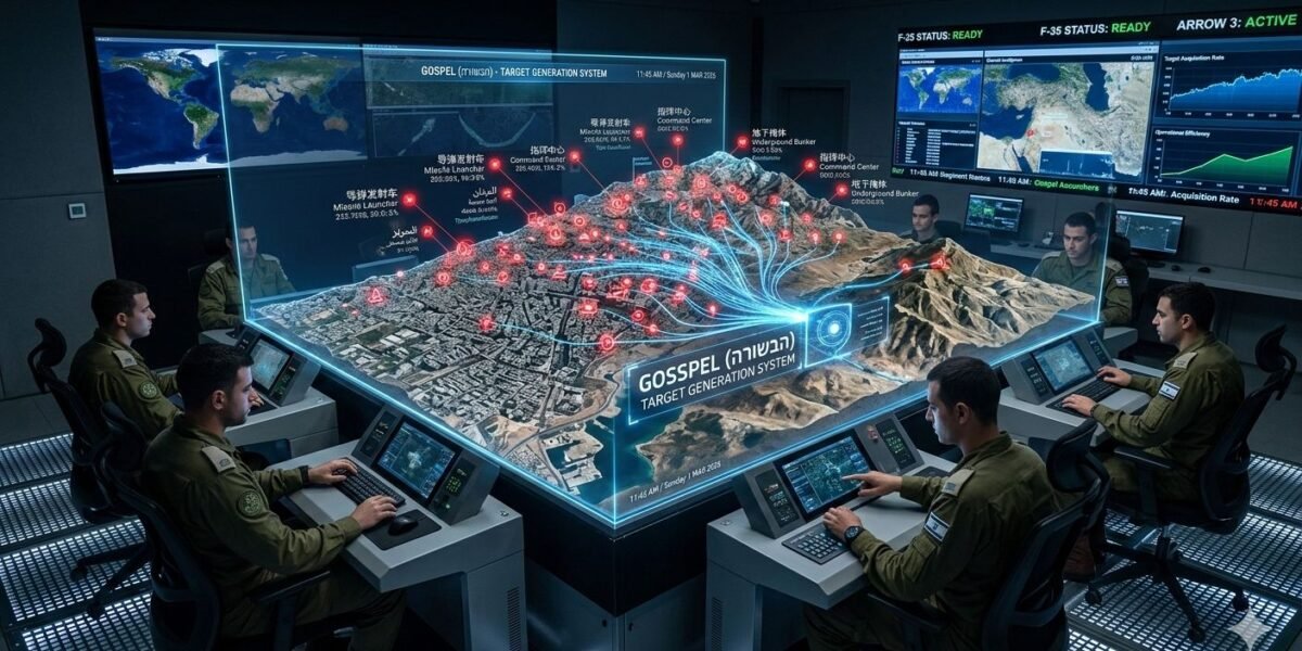 صورة مولدة بالذكاء الاصطناعي تعبر عن نظام Gospel الاسرائيلي لتحديد الاهداف العسكرية.