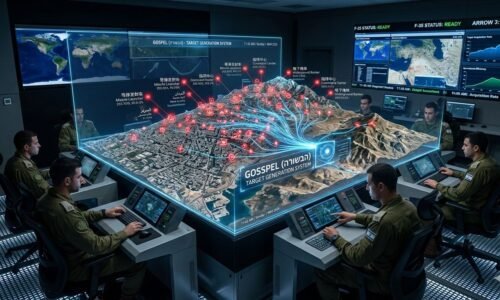 صورة مولدة بالذكاء الاصطناعي تعبر عن نظام Gospel الاسرائيلي لتحديد الاهداف العسكرية.