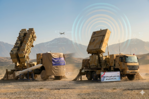 صورة مولدة بالذكاء الاصطناعي لإحدى منظومات الدفاع الجوي الإيراني تجمع بين وحدة الإطلاق المتنقلة ورادار التتبع، مع توضيح مفاهيم الحرب الإلكترونية، الربط الشبكي، والتحديات التقنية التي تواجه أنظمة الردع الجوي المحلية.