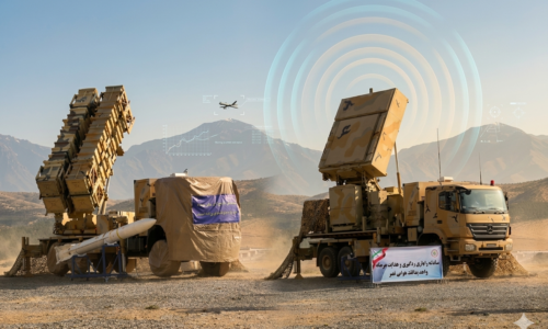 صورة مولدة بالذكاء الاصطناعي لإحدى منظومات الدفاع الجوي الإيراني تجمع بين وحدة الإطلاق المتنقلة ورادار التتبع، مع توضيح مفاهيم الحرب الإلكترونية، الربط الشبكي، والتحديات التقنية التي تواجه أنظمة الردع الجوي المحلية.