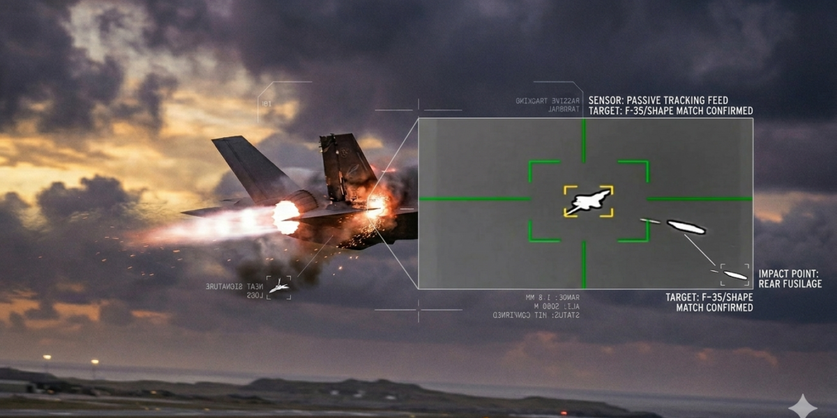 صورة مولدة بالكاء الاصطناعي لتحليل تقني لواقعة إصابة مقاتلة F-35 ومنظومات الرصد السلبي. تعرف على دور صقر 358 في استهداف الشبحيات وكيف تؤثر هذه الإصابة على مستقبلاً توازنات القوة الجوية