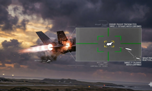 صورة مولدة بالكاء الاصطناعي لتحليل تقني لواقعة إصابة مقاتلة F-35 ومنظومات الرصد السلبي. تعرف على دور صقر 358 في استهداف الشبحيات وكيف تؤثر هذه الإصابة على مستقبلاً توازنات القوة الجوية