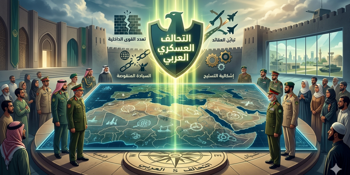 صورة مولدة بالذكاء الاصطناعي لأبعاد التحالف العسكري العربي بين الطموح الاستراتيجي والتحديات الهيكلية. تجسد قضايا السيادة، تباين العقائد، وإشكالية التسليح التي تواجه بناء منظومة دفاعية عربية موحدة في ظل المتغيرات الإقليمية الراهنة
