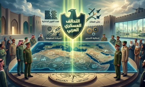 صورة مولدة بالذكاء الاصطناعي لأبعاد التحالف العسكري العربي بين الطموح الاستراتيجي والتحديات الهيكلية. تجسد قضايا السيادة، تباين العقائد، وإشكالية التسليح التي تواجه بناء منظومة دفاعية عربية موحدة في ظل المتغيرات الإقليمية الراهنة
