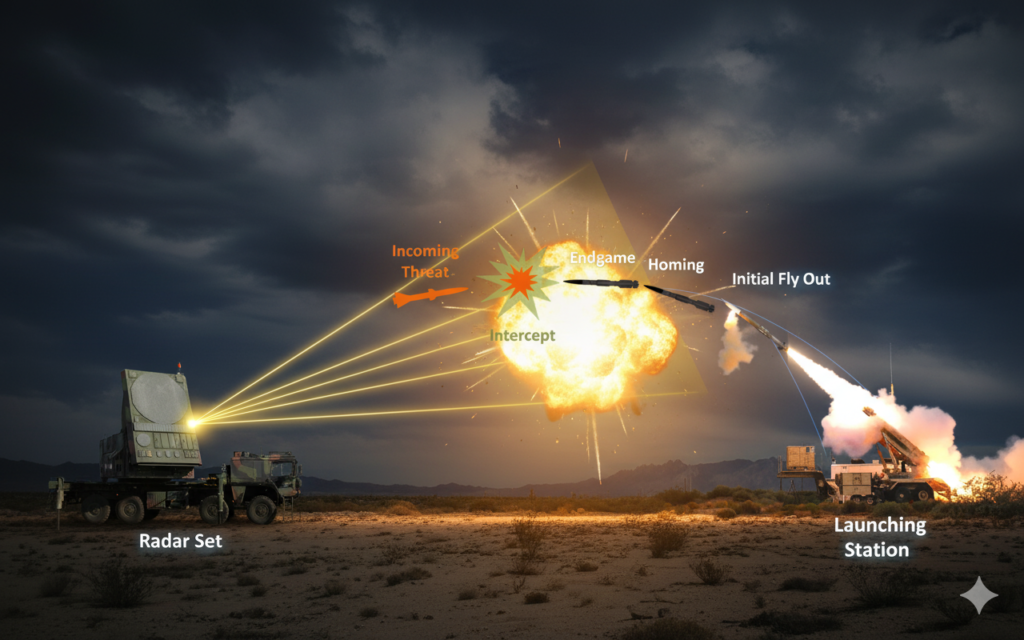 صورة مولدة بالذكاء الاصطناعي تعبر عن اعتراض الصواريخ الباليستية بتقنية Hit-To-Kill