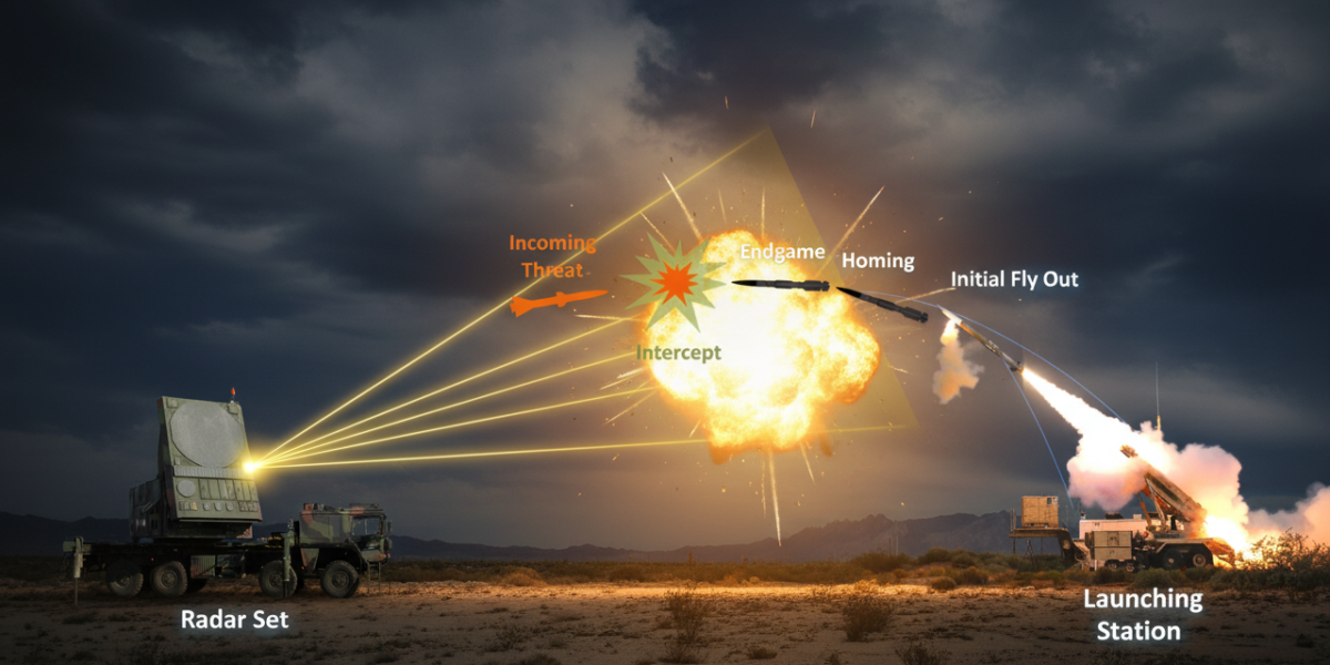 صورة مولدة بالذكاء الاصطناعي تعبر عن اعتراض الصواريخ الباليستية بتقنية Hit-To-Kill